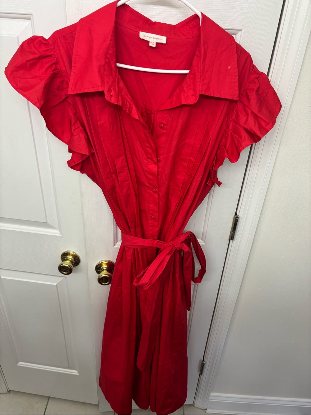 Flying Tomato Red Cotton Maxi Shirt Dress with Tie Waist